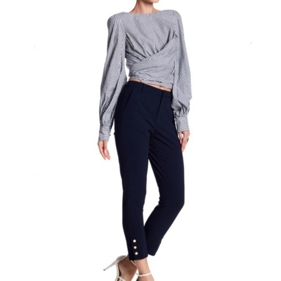 DO+BE Tops - Pinstripe Open Back Belle Sleeve Blouse